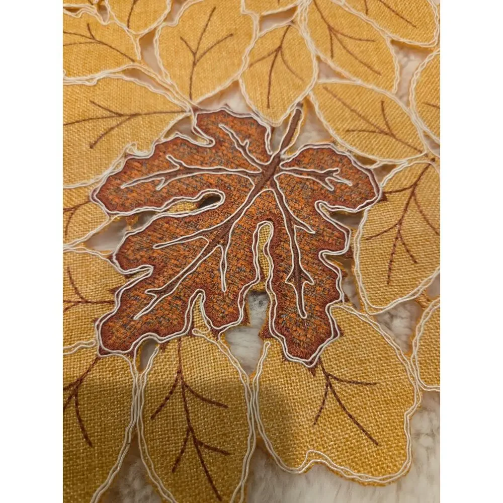 Fall Leaves Table Runner 14x72 Golden Yellow Embroidered Cutwork EF4986A Rare